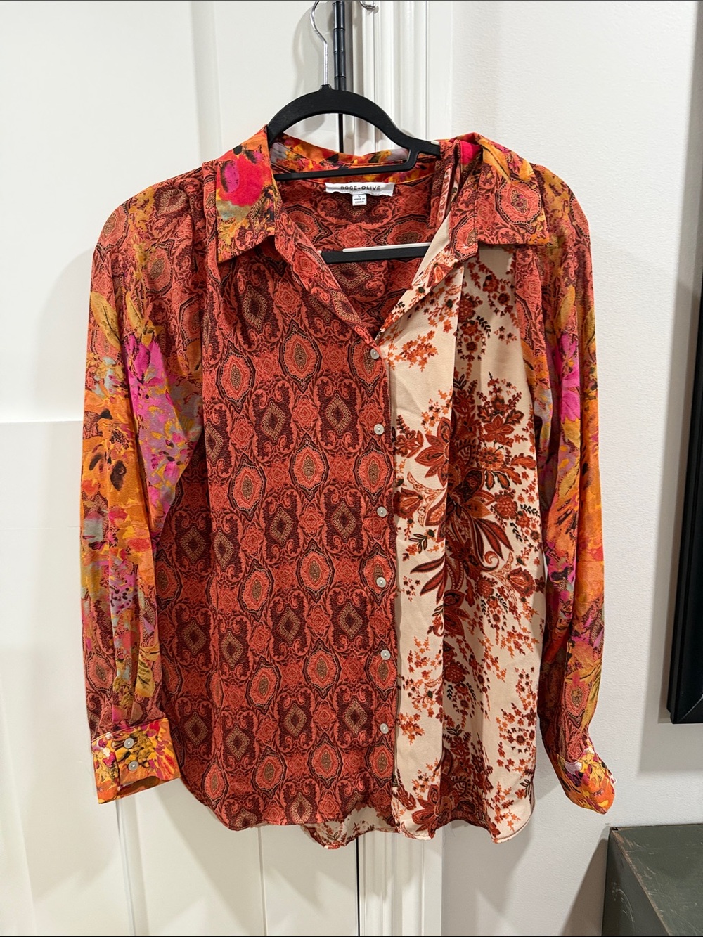 Rose & Olive Mixed-Print Button-Down Shirt in Rust, Cream, Pink and Orange